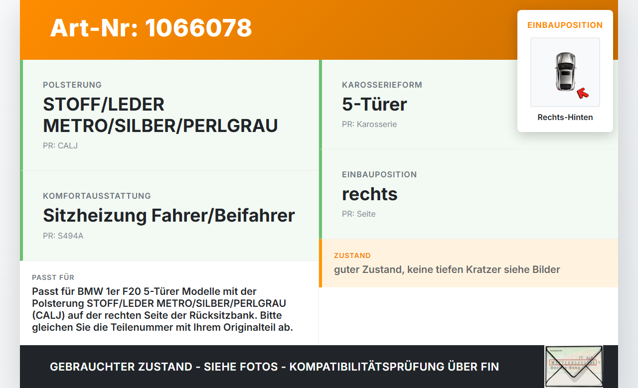 BMW 1er 116i F20 11-15 5T Seitenpolster Rechts für Rücksitzbank Hinten BMW 1er 116i F20 11-15 20.10.2011 7291238-04... Vorschau 3