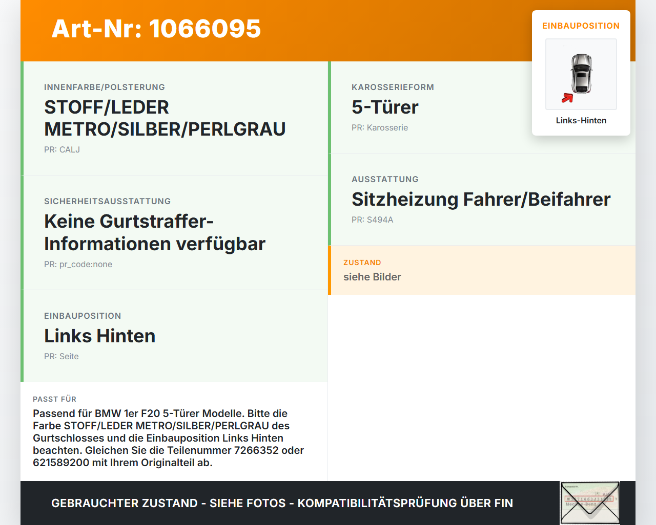 BMW 1er 116i F20 11-15 5T Gurtschloss Links Hinten BMW 1er 116i F20 11-15 20.10.2011 7266352 621589200 gebraucht Vorschau 3
