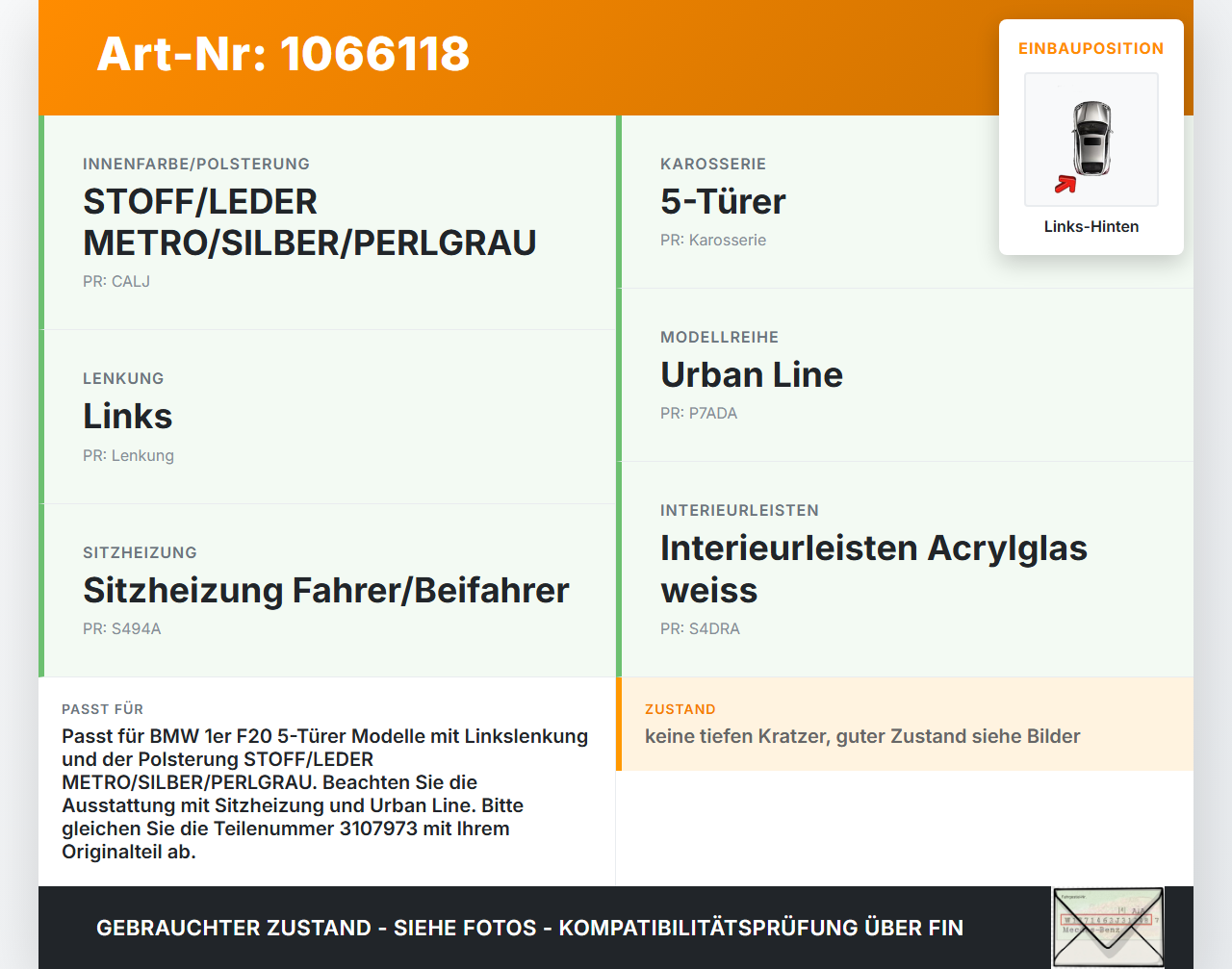 BMW 1er 116i F20 11-15 5T Türverkleidung Türpappe Links Hinten BMW 1er 116i F20 11-15 20.10.2011 7264025-05 3107973... Vorschau 3