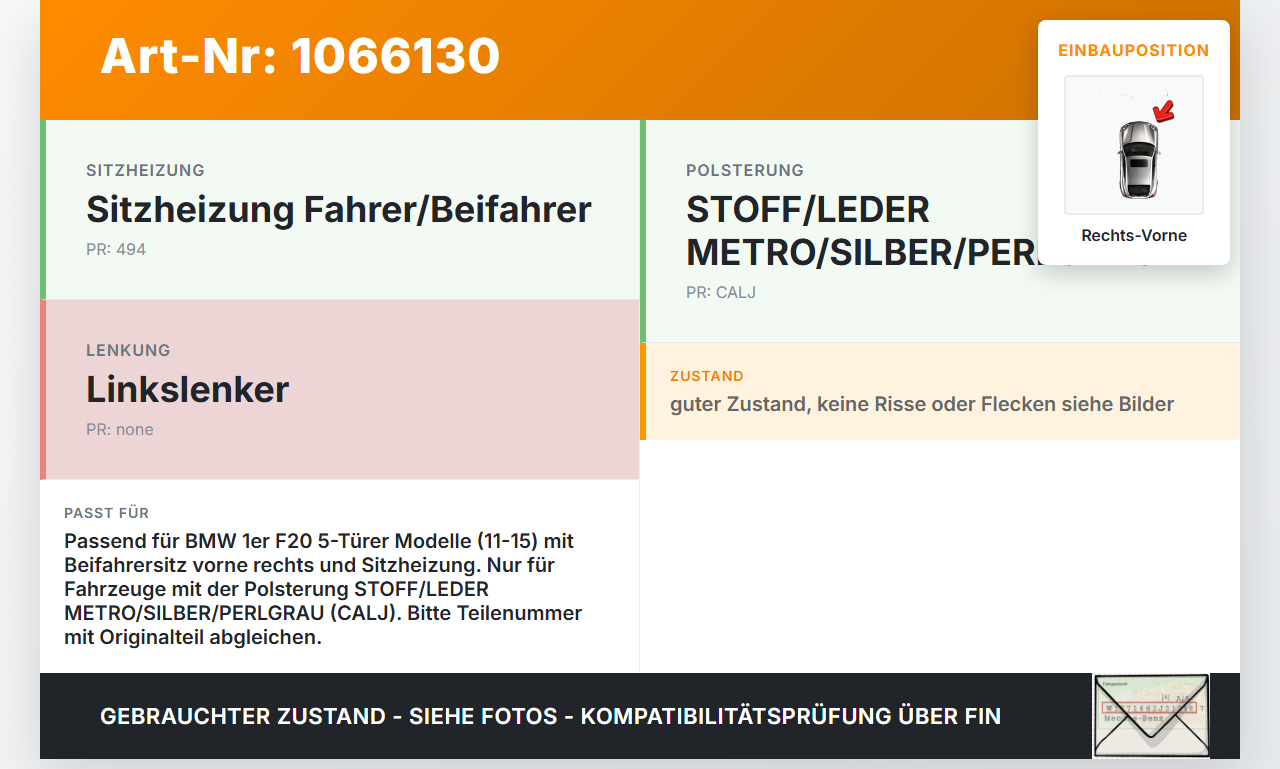 BMW 1er 116i F20 11-15 5T Sitzbezug Sitzpolster für Beifahrersitz Rechts Vorne beheizt BMW 1er 116i F20 11-15... Vorschau 3