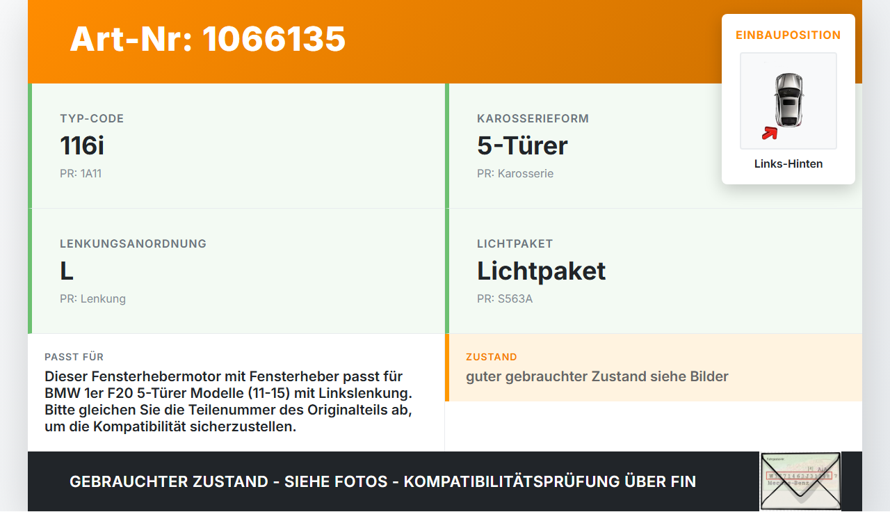 BMW 1er 116i F20 11-15 5T Fensterhebermotor mit Fensterheber Links Hinten BMW 1er 116i F20 11-15 20.10.2011... Vorschau 3