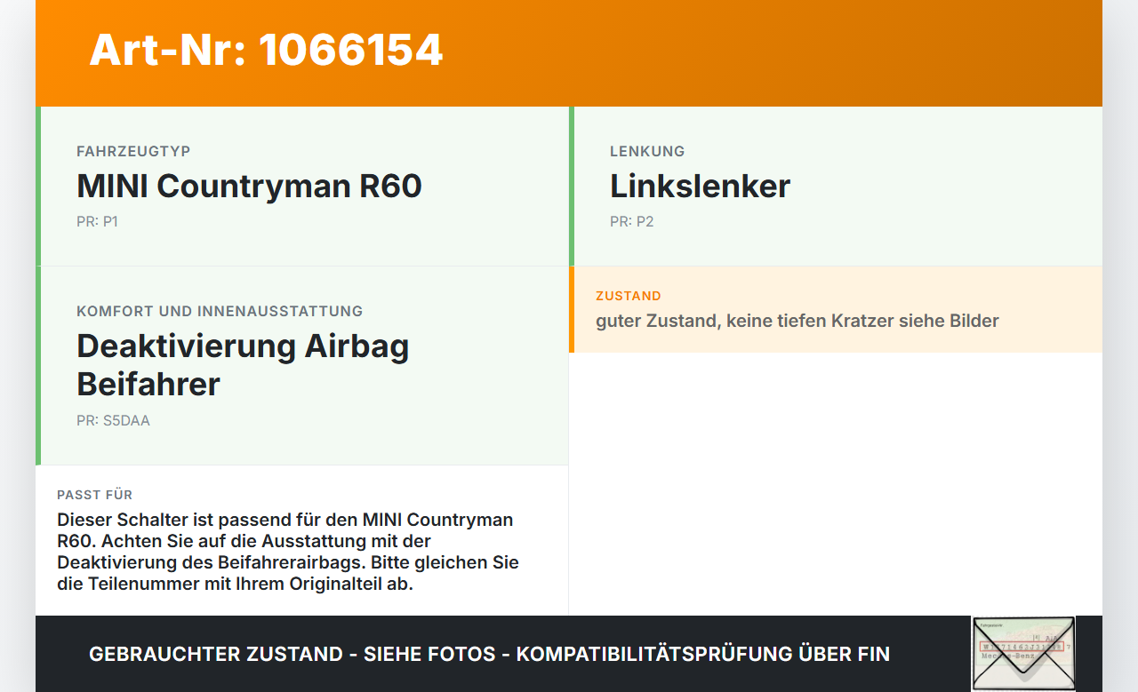 MINI Countryman R60 10-14 1,6 135KW Schalter für Beifahrerairbag Off MINI Countryman R60 10-14 08.12.2011 919688605... Vorschau 3