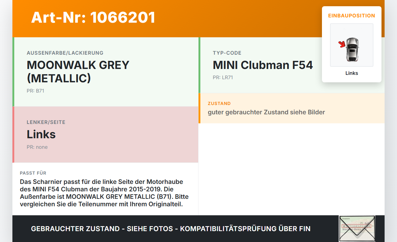 MINI F54  Clubman 15-19 Break Scharnier für Motorhaube Motorhaubenscharnier Links MINI F54  Clubman 15-19... Vorschau 3