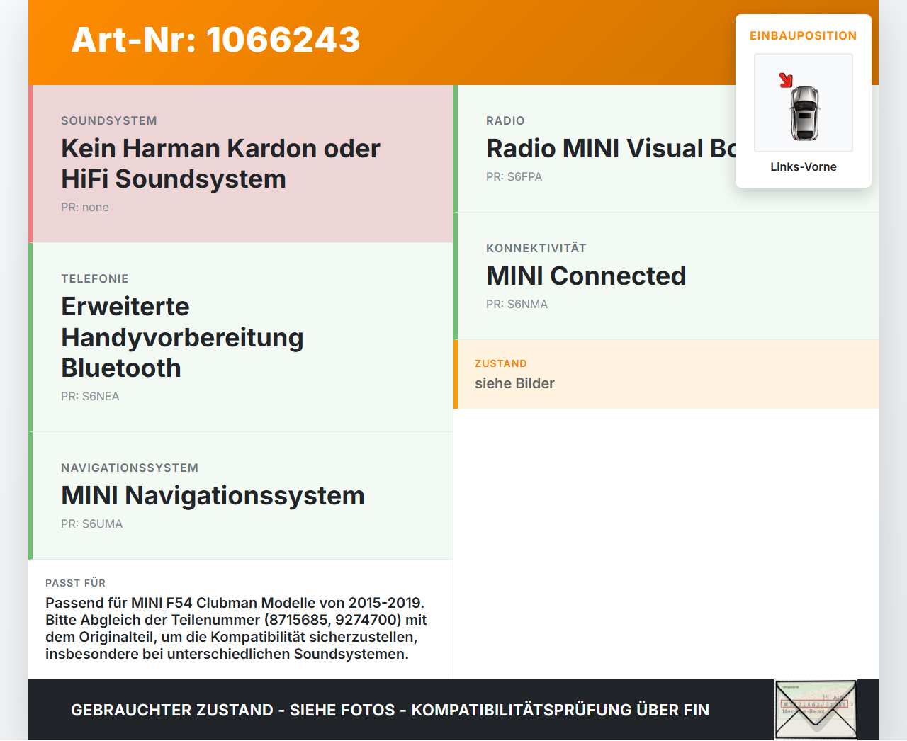 MINI F54  Clubman 15-19 Lautsprecher Tieftöner Links Vorne MINI F54  Clubman 15-19 19.05.2017 9274700-03 gebraucht Vorschau 3
