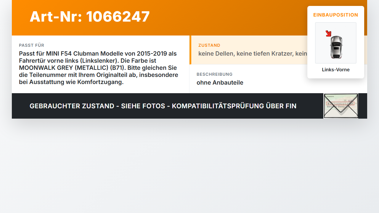 MINI F54  Clubman 15-19 Break Tür Fahrertür Links Vorne B71 MINI F54  Clubman 15-19 19.05.2017 gebraucht Vorschau 3