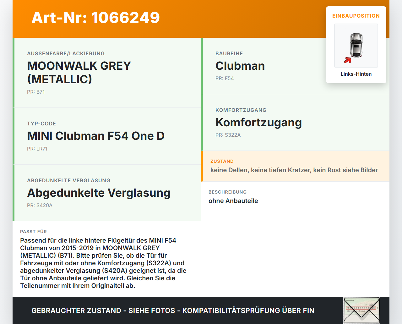 MINI F54  Clubman 15-19 Break Tür Links Hinten B71 MINI F54  Clubman 15-19 19.05.2017 gebraucht Vorschau 3
