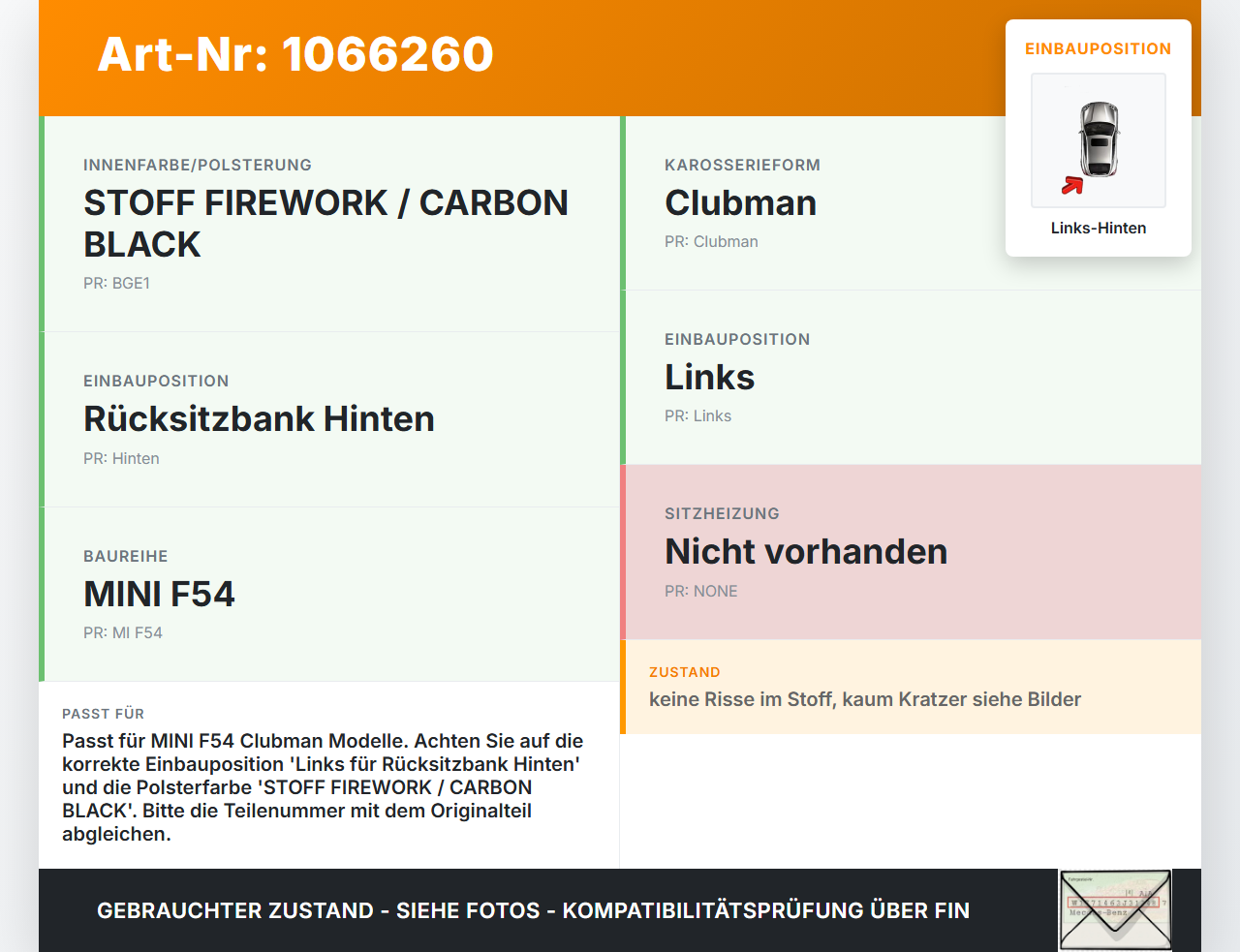 MINI F54  Clubman 15-19 Break Seitenpolster Links für Rücksitzbank Hinten MINI F54  Clubman 15-19 19.05.2017 gebraucht Vorschau 3