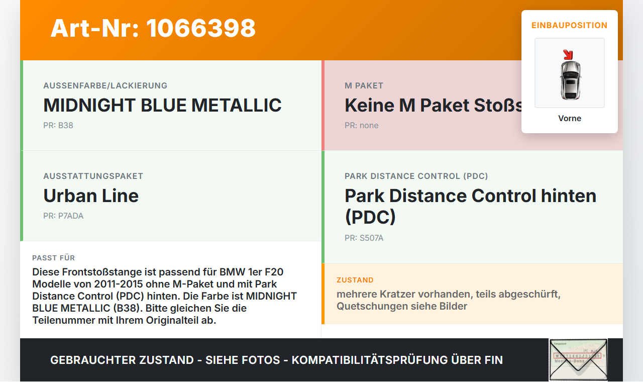 BMW 1er 116i F20 11-15 Stoßstange Stoßfänger Frontschürze Vorne B38 BMW 1er 116i F20 11-15 20.10.2011 BM04107BA... Vorschau 3