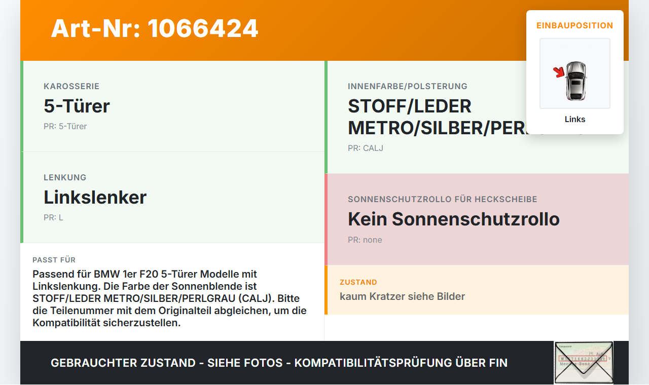 BMW 1er 116i F20 11-15 Sonnenblende Links für Fahrer BMW 1er 116i F20 11-15 20.10.2011 gebraucht Vorschau 3
