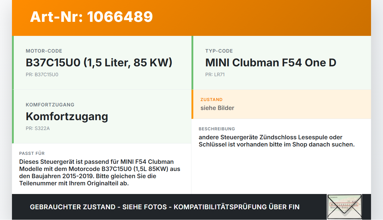 MINI F54  Clubman 15-19 1,5 85KW Wegfahrsperre ECU Steuergerät MINI F54  Clubman 15-19 19.05.2017 gebraucht Vorschau 3