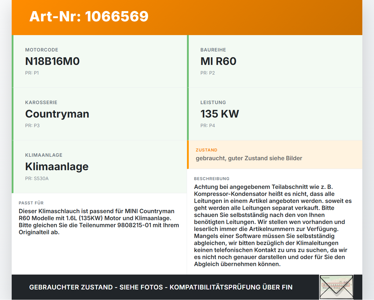 MINI Countryman R60 10-14 1,6 135KW Klimaschlauch Klimaleitung MINI Countryman R60 10-14 08.12.2011 9808215-01 gebraucht Vorschau 3