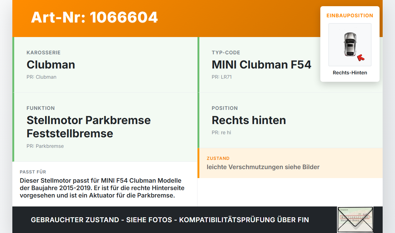 MINI F54  Clubman 15-19 1,5 85KW Stellmotor Parkbremse Feststellbremse Aktuator Rechts Hinten MINI F54  Clubman... Vorschau 3