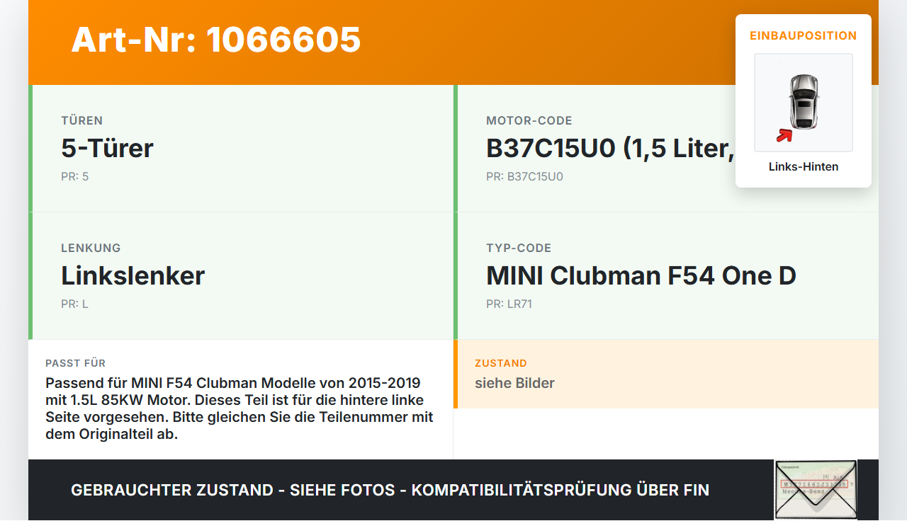 MINI F54  Clubman 15-19 1,5 85KW Stellmotor Parkbremse Bremssattel Hinten Links MINI F54  Clubman 15-19 19.05.2017... Vorschau 3