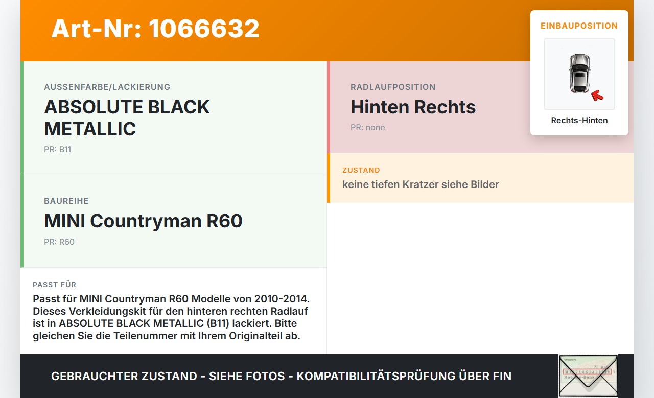MINI Countryman R60 10-14 Verkleidung Radlauf Hinten Rechts B11 MINI Countryman R60 10-14 08.12.2011 gebraucht Vorschau 3