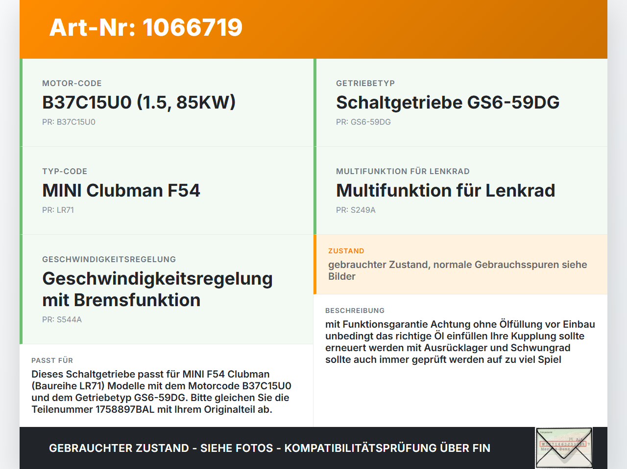 MINI F54 Clubman 15-19 1,5 85KW GS6-59DG Schaltgetriebe Getriebe GS6-59DG MINI F54  Clubman 15-19 19.05.2017... Vorschau 3