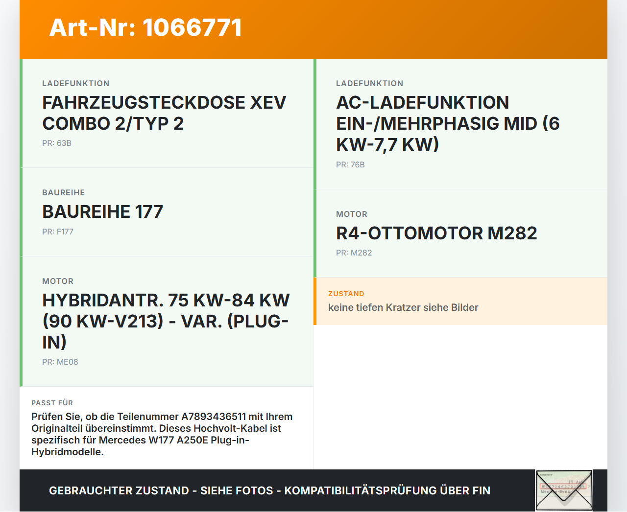 Mercedes W177 A250E 18-22 Hochvolt Kabel HV Leitung Mercedes W177 A250E 18-22 26.03.2021 A7893436511 gebraucht Vorschau 3