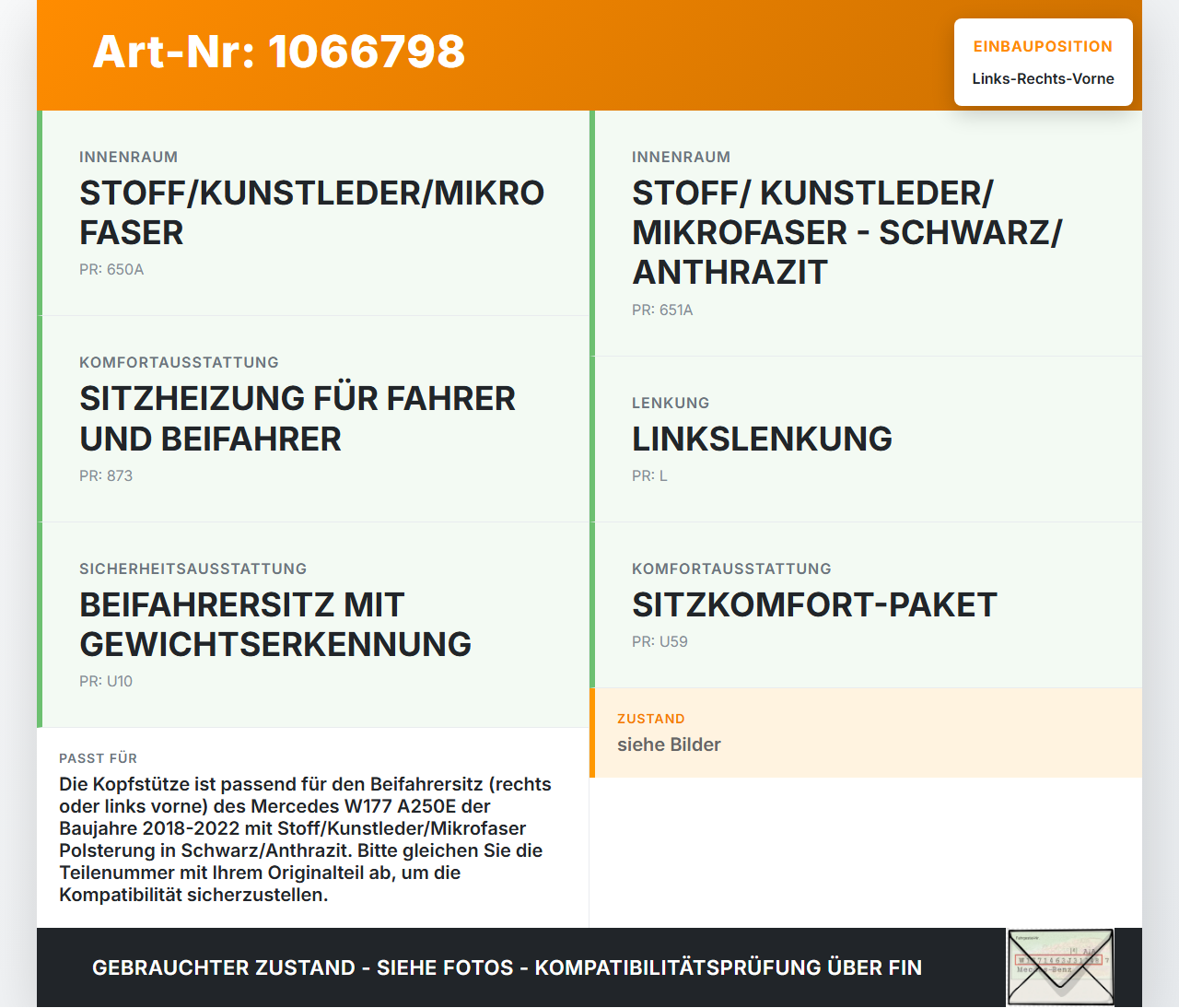 Mercedes W177 A250E 18-22 Lim Kopfstütze für Beifahrer Sitz Rechts oder Links Vorne Mercedes W177 A250E 18-22... Vorschau 3