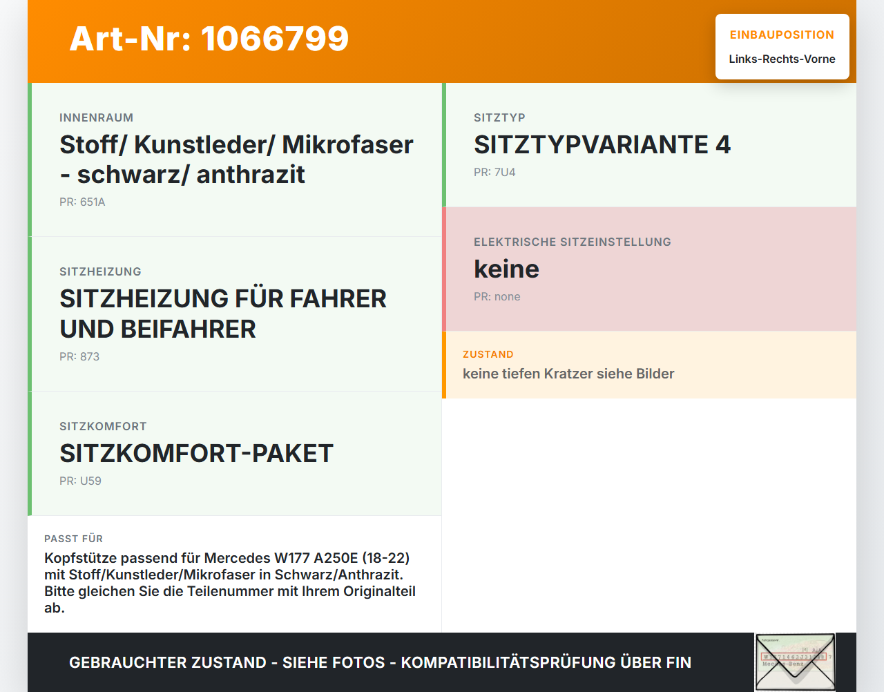 Mercedes W177 A250E 18-22 Kopfstütze für Fahrer Sitz Rechts oder Links Vorne Mercedes W177 A250E 18-22 26.03.2021... Vorschau 3