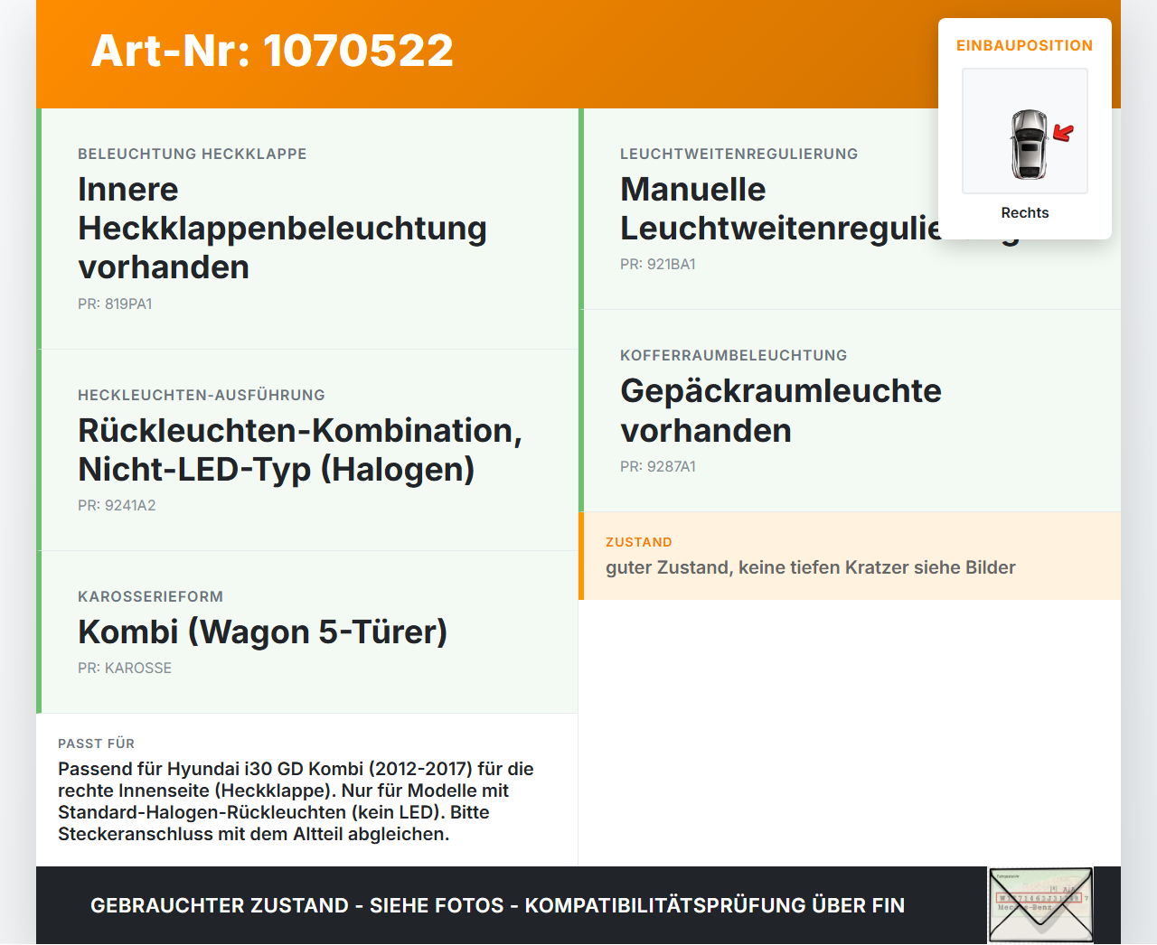 Hyundai I30 GD 12-17 Kombi Rückleuchte Heckleuchte für Klappe Innen Rechts Hyundai I30 GD 12-17 25.06.2015... Vorschau 3