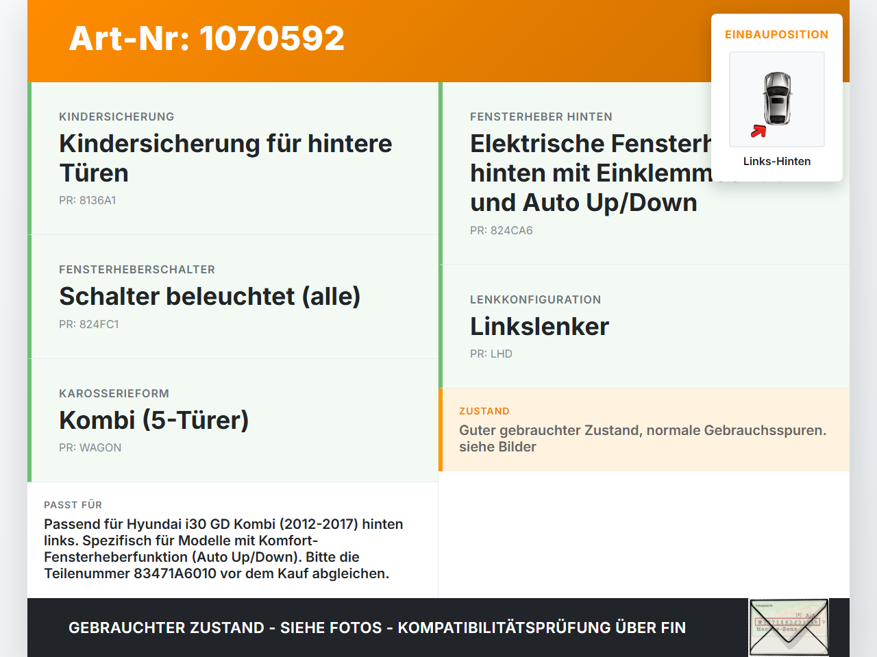 Hyundai I30 GD 12-17 Kombi Fensterheber o. FH-Motor Hinten Links Hyundai I30 GD 12-17 25.06.2015 83471A6010... Vorschau 3