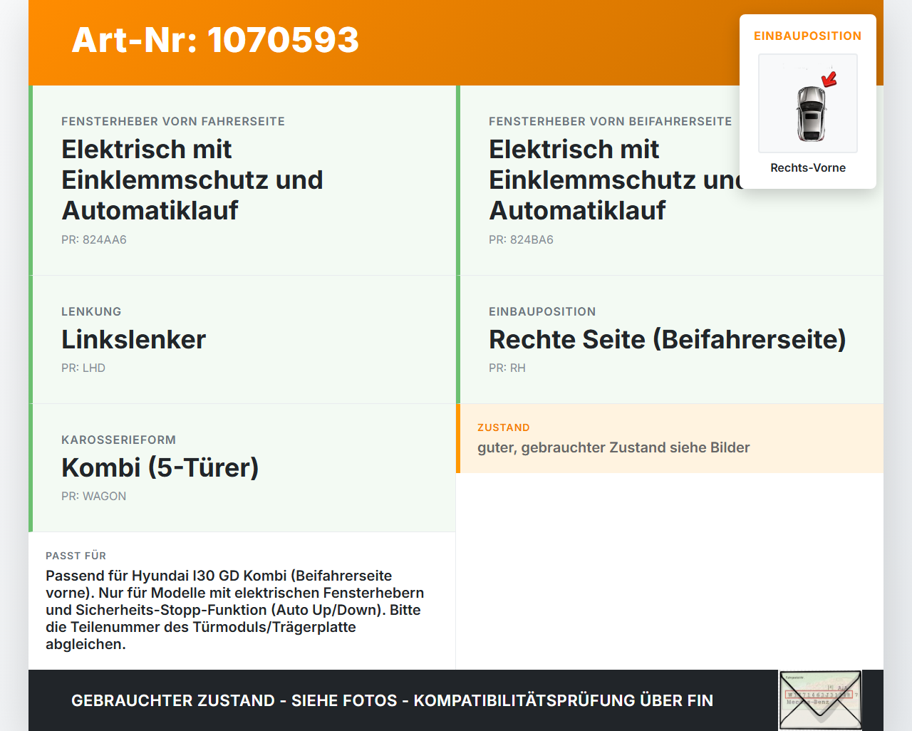 Hyundai I30 GD 12-17 Kombi Fensterheber o. FH-Motor Rechts Vorne Hyundai I30 GD 12-17 25.06.2015 82481A6000... Vorschau 3