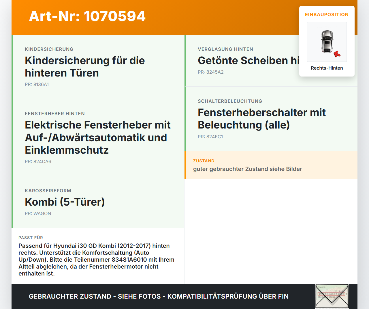 Hyundai I30 GD 12-17 Kombi Fensterheber o. FH-Motor Hinten Rechts Hyundai I30 GD 12-17 25.06.2015 83481A6010... Vorschau 3