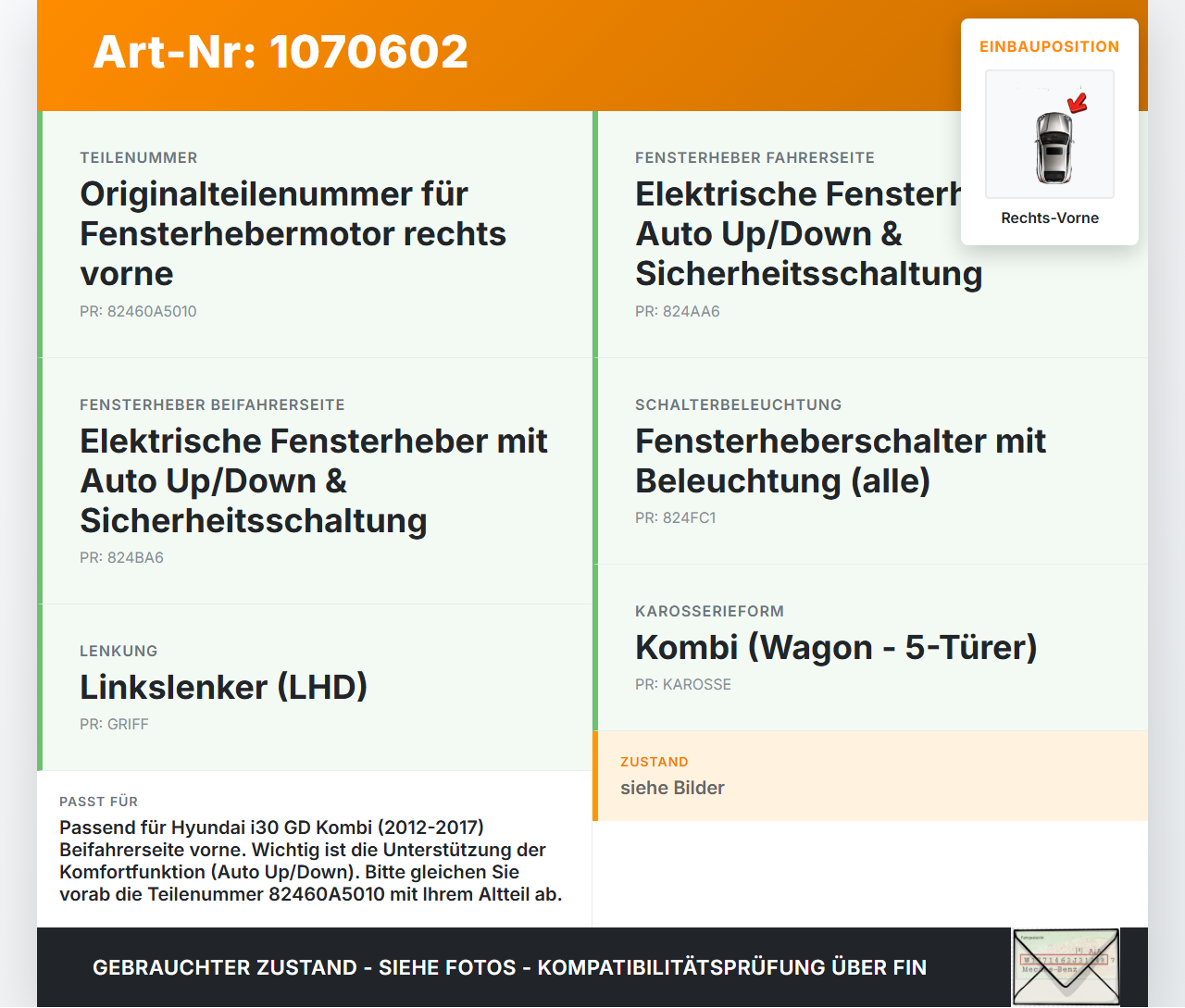 Hyundai I30 GD 12-17 Kombi Fensterhebermotor Rechts Vorne Hyundai I30 GD 12-17 25.06.2015 82460A5010 82460-A6010... Vorschau 3