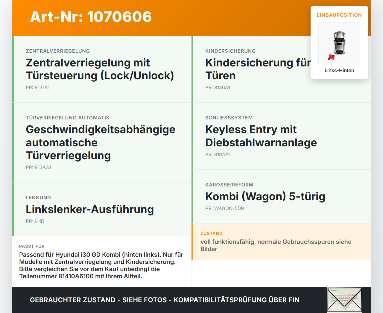 Hyundai I30 GD 12-17 Kombi Türschloss m. ZV Stellmotor Links Hinten Hyundai I30 GD 12-17 25.06.2015 81410A6100... Vorschau 3