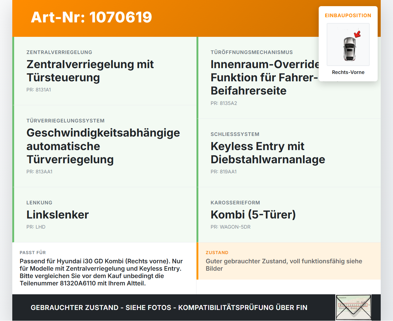 Hyundai I30 GD 12-17 Kombi Türschloss m. ZV Stellmotor Rechts Vorne Hyundai I30 GD 12-17 25.06.2015 81320A6110... Vorschau 3