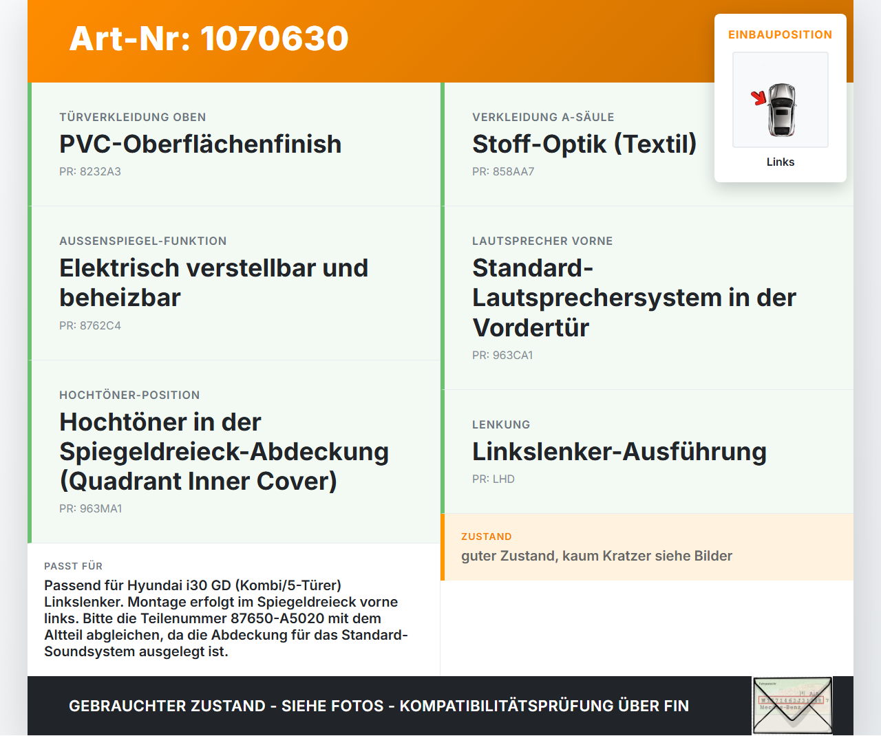 Hyundai I30 GD 12-17 Lautsprecher Hochtöner Links Hyundai I30 GD 12-17 25.06.2015 87650A5020 87650-A5020 gebraucht Vorschau 3