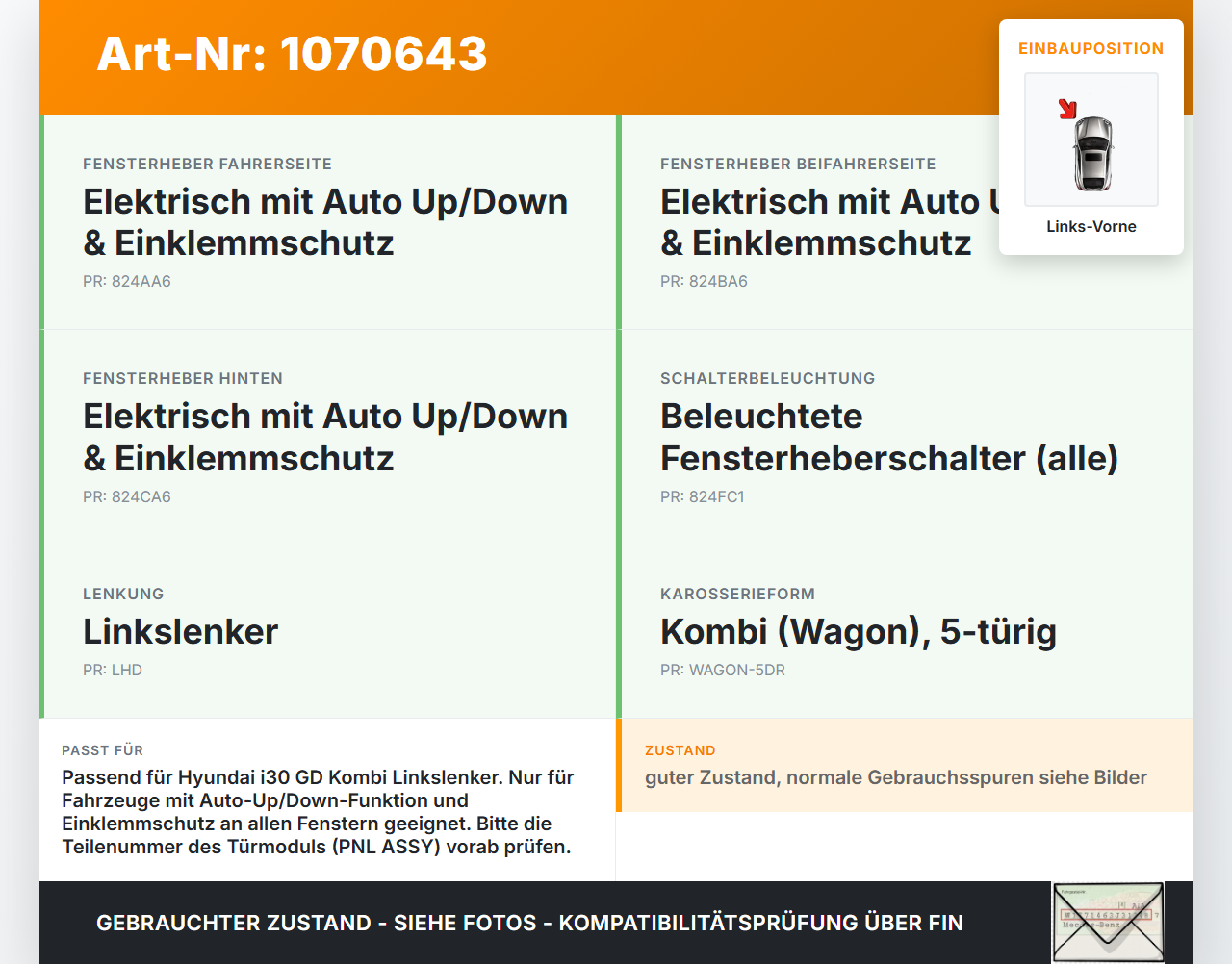 Hyundai I30 GD 12-17 Kombi Fensterheber o. FH-Motor Links Vorne Hyundai I30 GD 12-17 25.06.2015 82471A6000... Vorschau 3