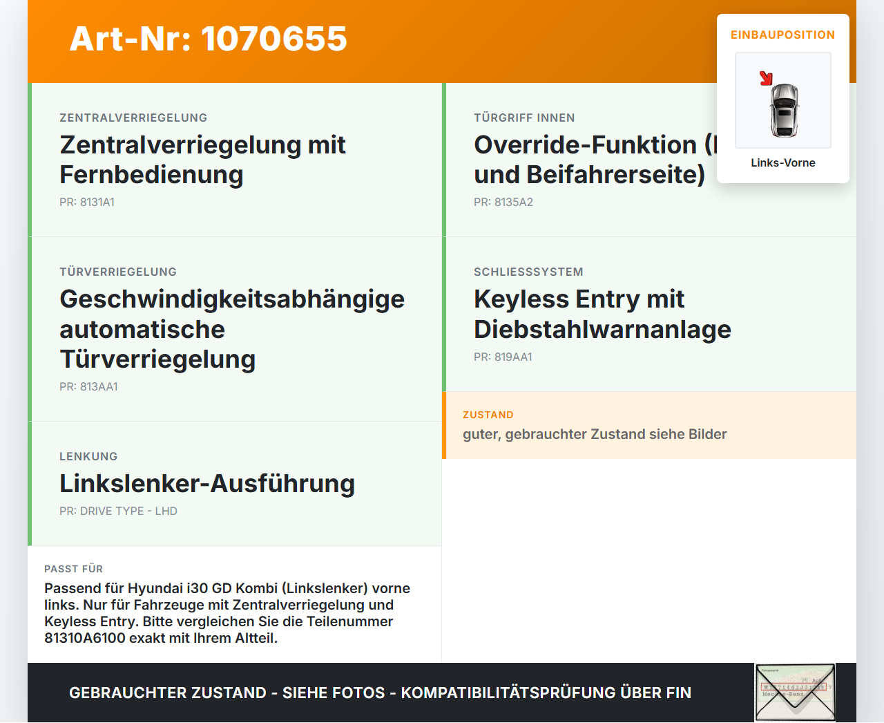Hyundai I30 GD 12-17 Kombi Türschloss mit ZV Stellmotor Links Vorne Hyundai I30 GD 12-17 25.06.2015 81310A6100... Vorschau 3