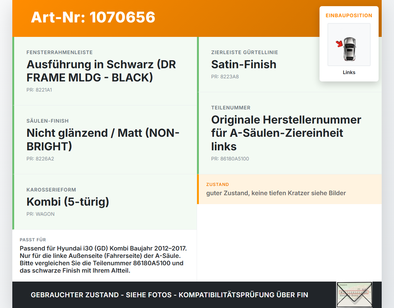 Hyundai I30 GD 12-17 Kombi Verkleidung für A-Säule Links aussen PAE Hyundai I30 GD 12-17 25.06.2015 86180A5100 gebraucht Vorschau 3
