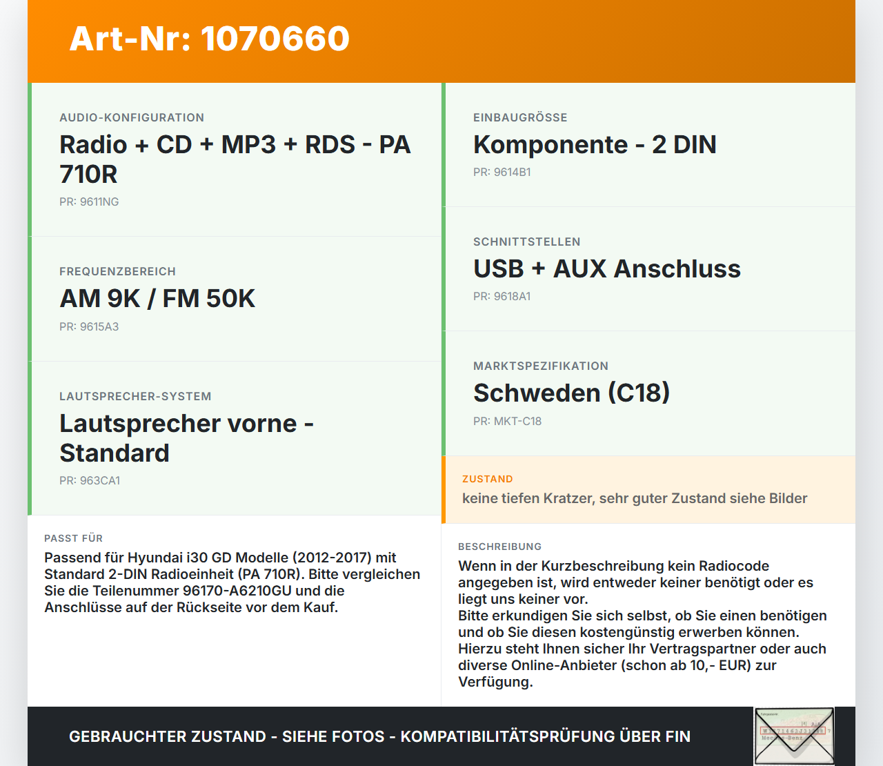 Hyundai I30 GD 12-17 Autoradio CD-Radio Hyundai I30 GD 12-17 25.06.2015 96170A6210GU 96170-A6210GU AC110A6EE gebraucht Vorschau 3