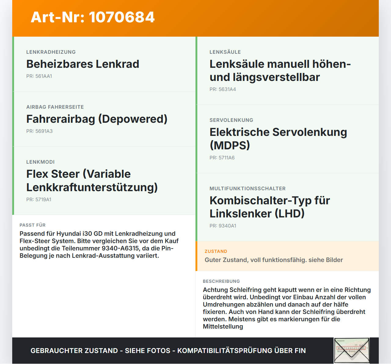 Hyundai I30 GD 12-17 Airbag Schleifring Wickelfeder Hyundai I30 GD 12-17 25.06.2015 93490A6315 631G545310 gebraucht Vorschau 3