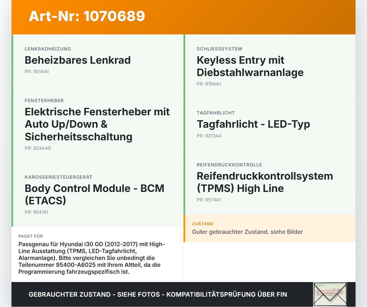 Hyundai I30 GD 12-17 SG Steuergerät für Karosserie BCM-E20 Hyundai I30 GD 12-17 25.06.2015 95400A6025 95400-A6025... Vorschau 3