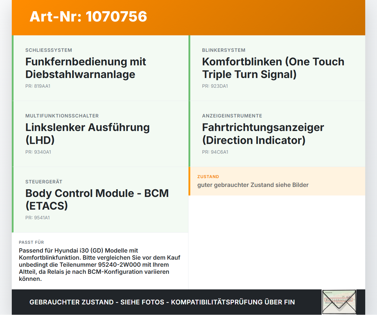 Hyundai I30 GD 12-17 Relais Blinkerrelais Hyundai I30 GD 12-17 25.06.2015 952402W000 95240-2W000 gebraucht Vorschau 3