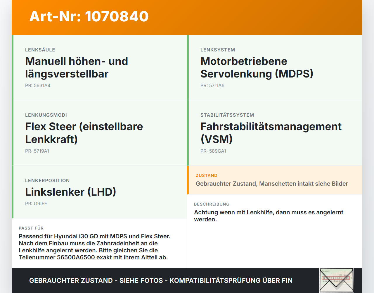 Hyundai I30 GD 12-17 Lenkgetriebe Servolenkung Hyundai I30 GD 12-17 25.06.2015 56500A6500 gebraucht Vorschau 3