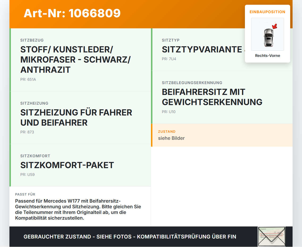 Mercedes W177 A250E 18-22 1,3 118KW Sitzbelegungsmatte Rechts Vorne Mercedes W177 A250E 18-22 26.03.2021... Vorschau 3