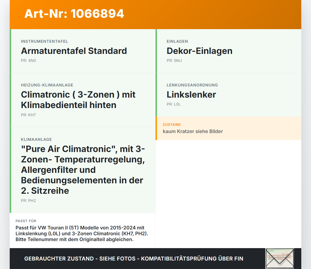 VW Touran II 5T 15-24 Blende Armaturenbrett Klimabedienteil Abdeckung RHD VW Touran II 5T 15-24 14.12.2015 gebraucht Vorschau 3