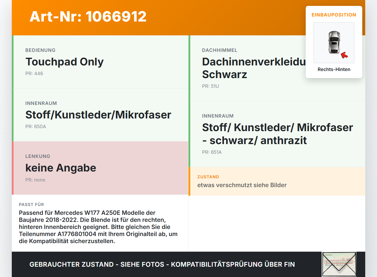 Mercedes W177 A250E 18-22 Blende Innen Einbaurahmen Rechts Hinten Mercedes W177 A250E 18-22 26.03.2021 A1776801004... Vorschau 3