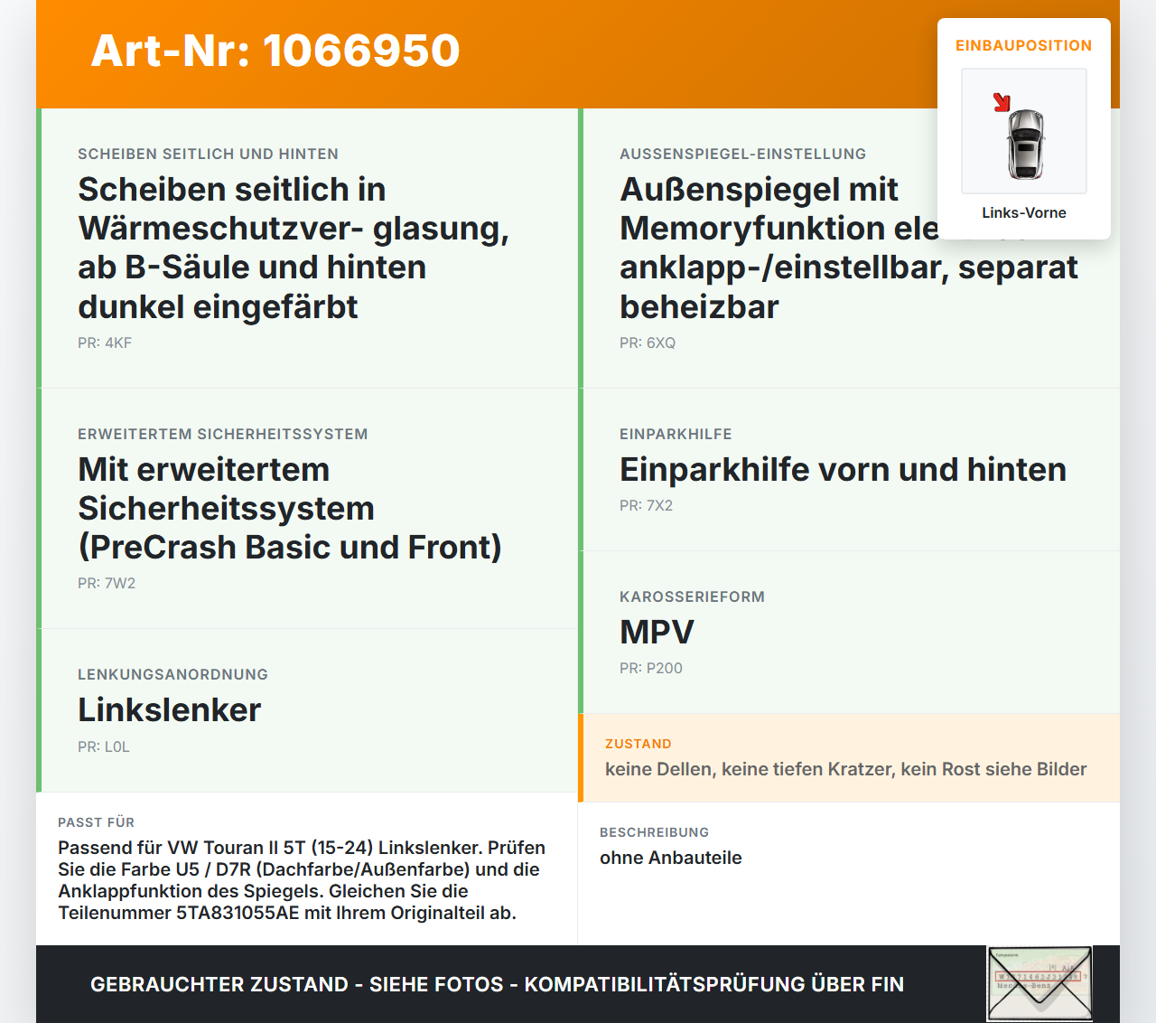 VW Touran II 5T 15-24 Tür Fahrertür Links Vorne  LD7R VW Touran II 5T 15-24 14.12.2015 5TA831055AE gebraucht Vorschau 3