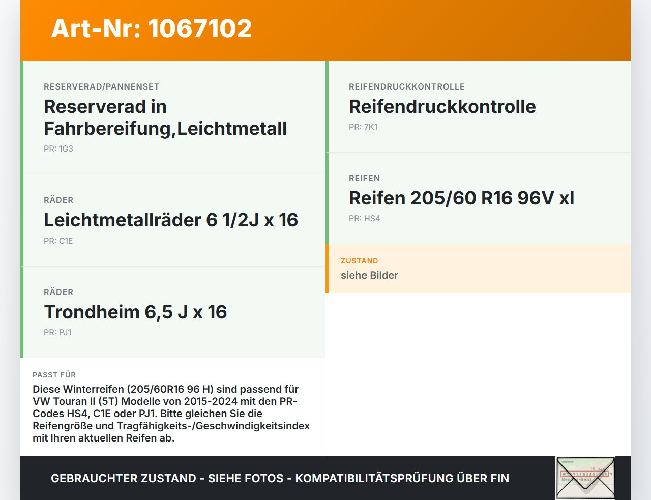 VW Touran II 5T 15-24 2 x Reifen Winterreifen APLUS 205/60R16 96 H VW Touran II 5T 15-24 14.12.2015 gebraucht Vorschau 3