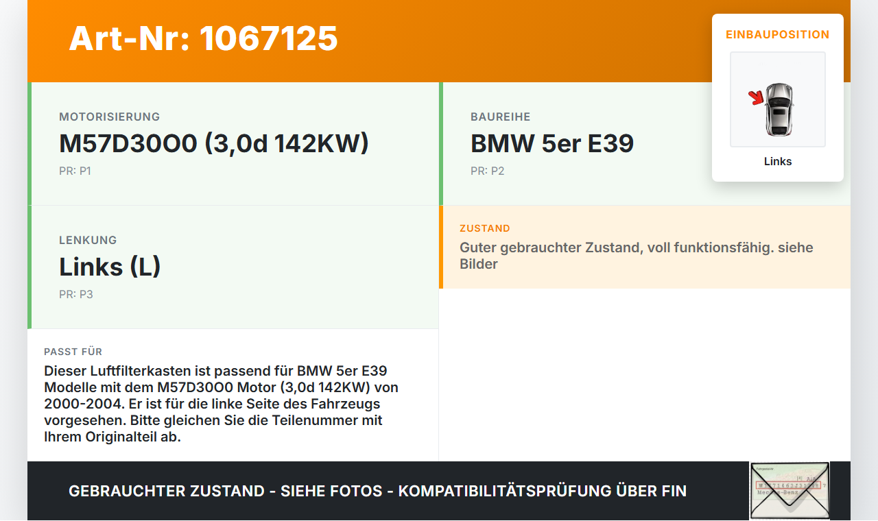 BMW 5er E39 530d 00-04 3,0d 142KW Luftfilterkasten Luftfiltergehäuse Links BMW 5er E39 530d 00-04 09.04.2002 gebraucht Vorschau 3