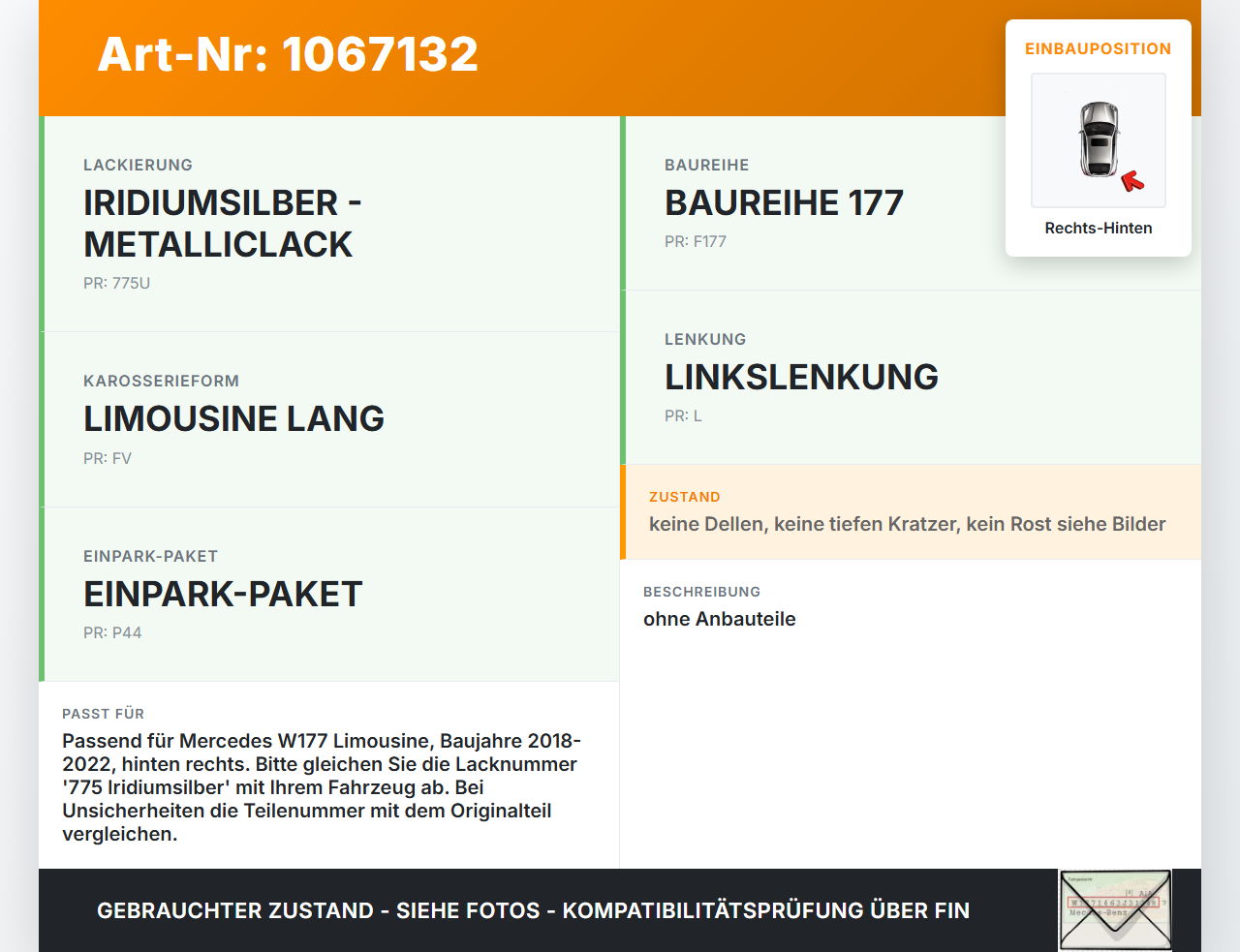 Mercedes W177 A250E 18-22 Lim Tür Rechts Hinten 775 Mercedes W177 A250E 18-22 26.03.2021 gebraucht Vorschau 3
