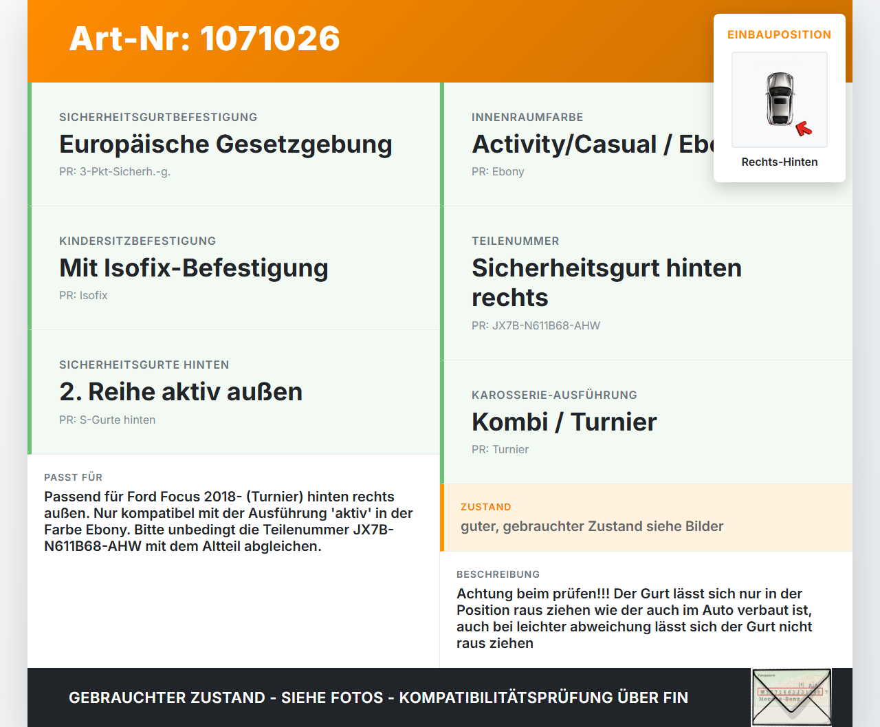 Ford Focus HP 18-22 KombiLim Gurt Sicherheitsgurt Rechts Hinten Ford Focus HP 18-22 15.12.2020 JX7B-N611B68-AK3JA6... Vorschau 3