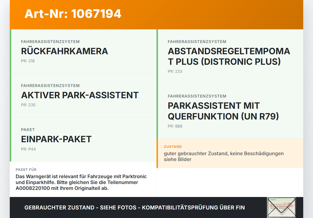 Mercedes W177 A250E 18-22 Warngerät Parktronic Einparkhilfe Mercedes W177 A250E 18-22 26.03.2021 A0008220100 gebraucht Vorschau 3