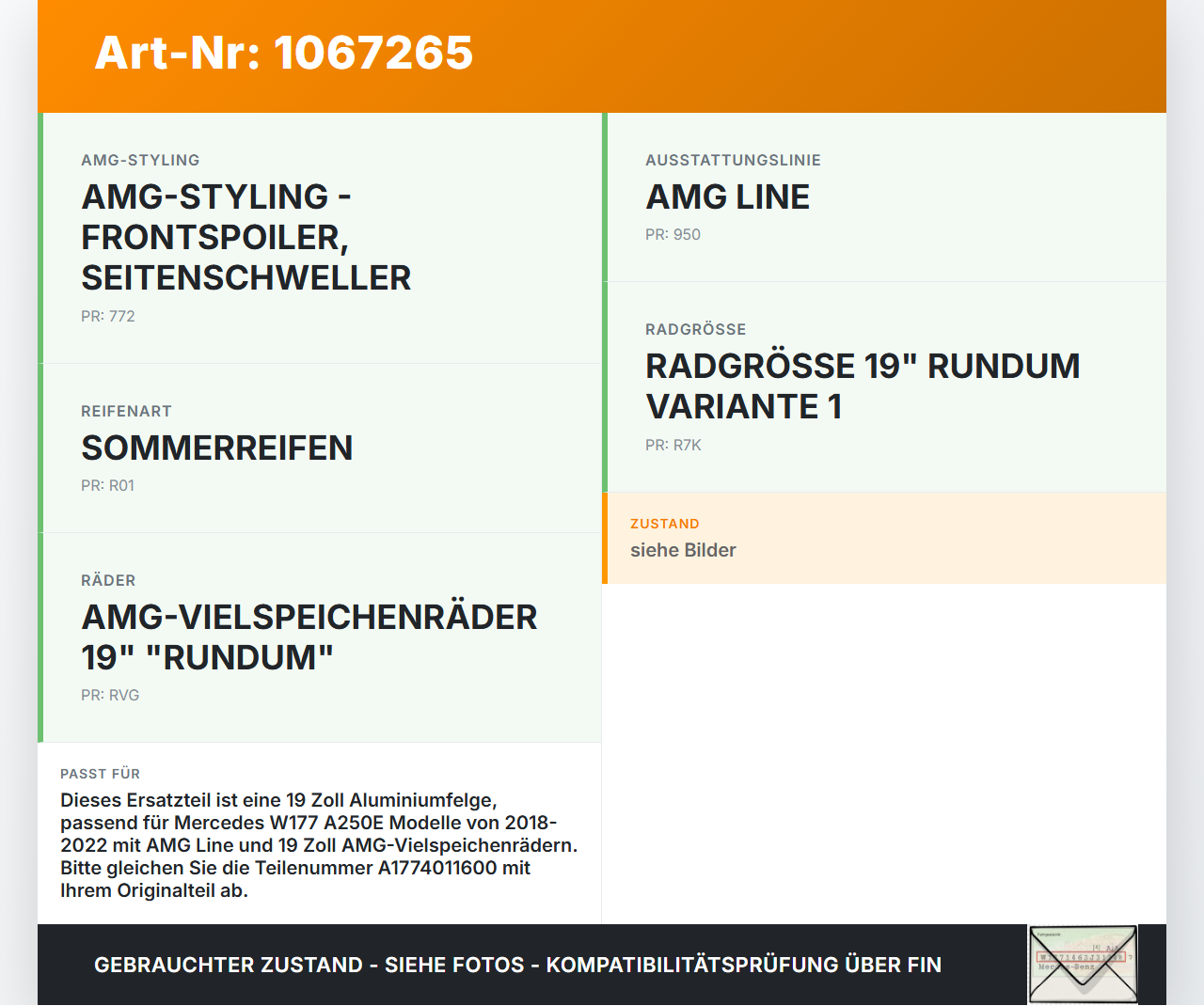 Mercedes W177 A250E 18-22 1 x Felge Aluminiumfelge 19 Zoll 5X112 Mercedes W177 A250E 18-22 26.03.2021 A1774011600... Vorschau 3