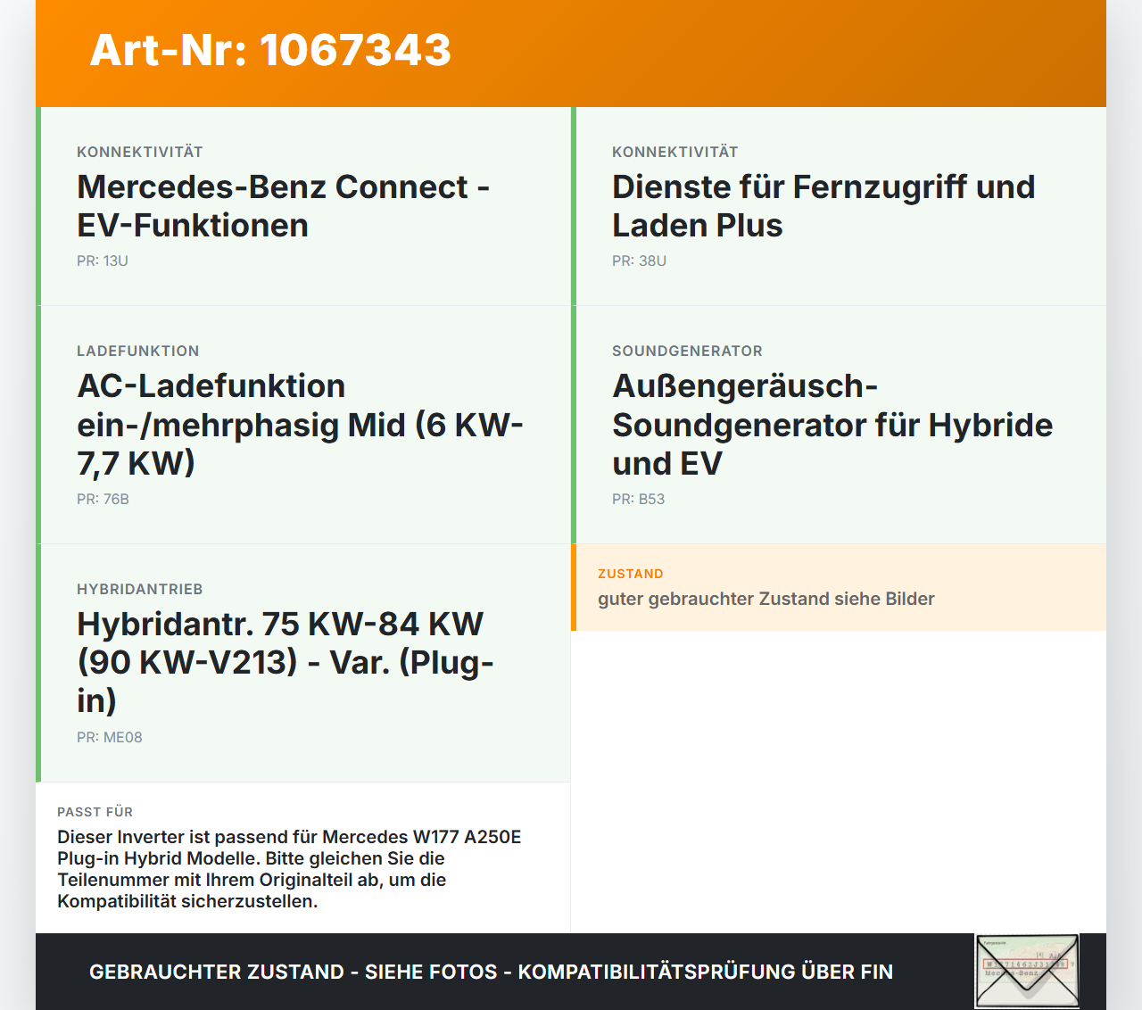 Mercedes W177 A250E 18-22 Inverter Wechselrichter Ladestrom Ladegerät Charger Mercedes W177 A250E 18-22 26.03.2021... Vorschau 3