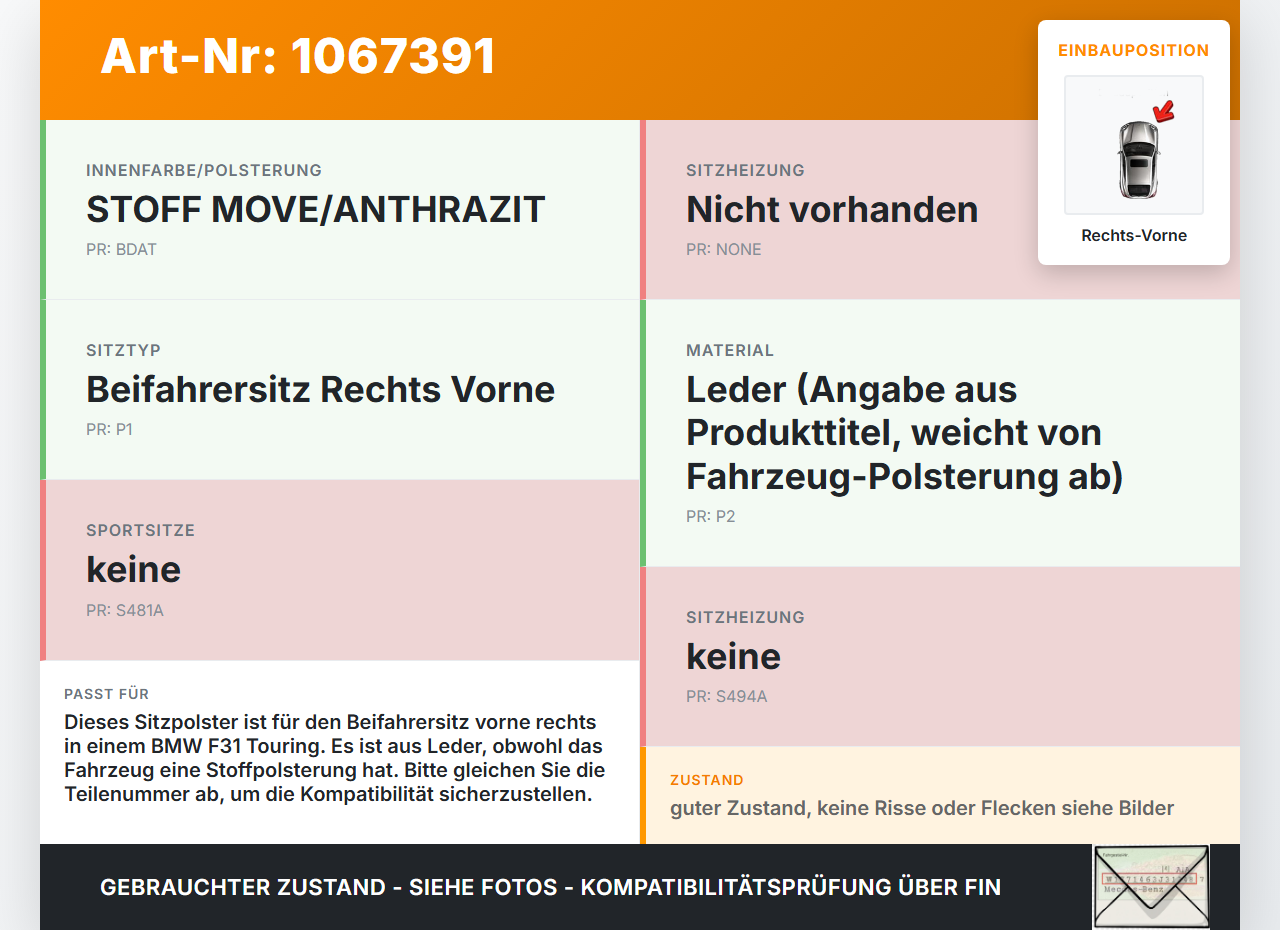 BMW F31 318d 12-15 Kombi Sitzpolster für Beifahrersitz Rechts Vorne beheizt Leder BMW F31 318d 12-15 28.02.2014... Vorschau 3